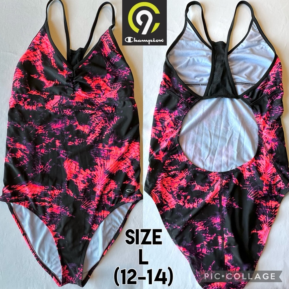 C9 Champion Womens Swim Suit One Piece Bathing Suit Racerback Neon Pink Black